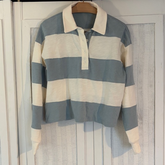 MARINE LAYER rugby crop polo top in aqua striped Women’s Sz S - Picture 4 of 8
